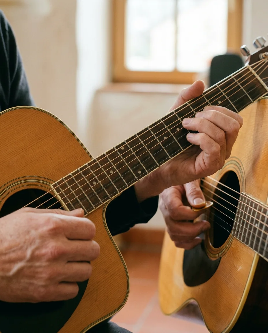 Manos tocando una guitarra acústica
