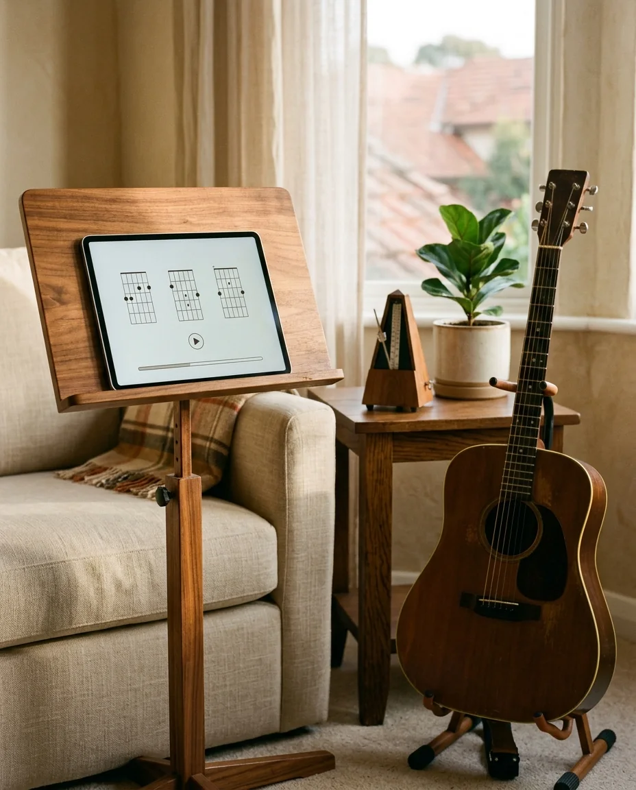 El manual abierto en una tablet sobre el atril, con el instrumento al lado